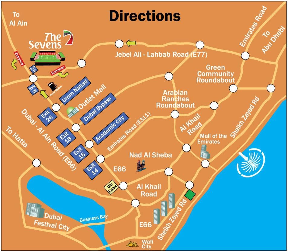 bóng bầu dục Sevens Dubai vị trí bản đồ